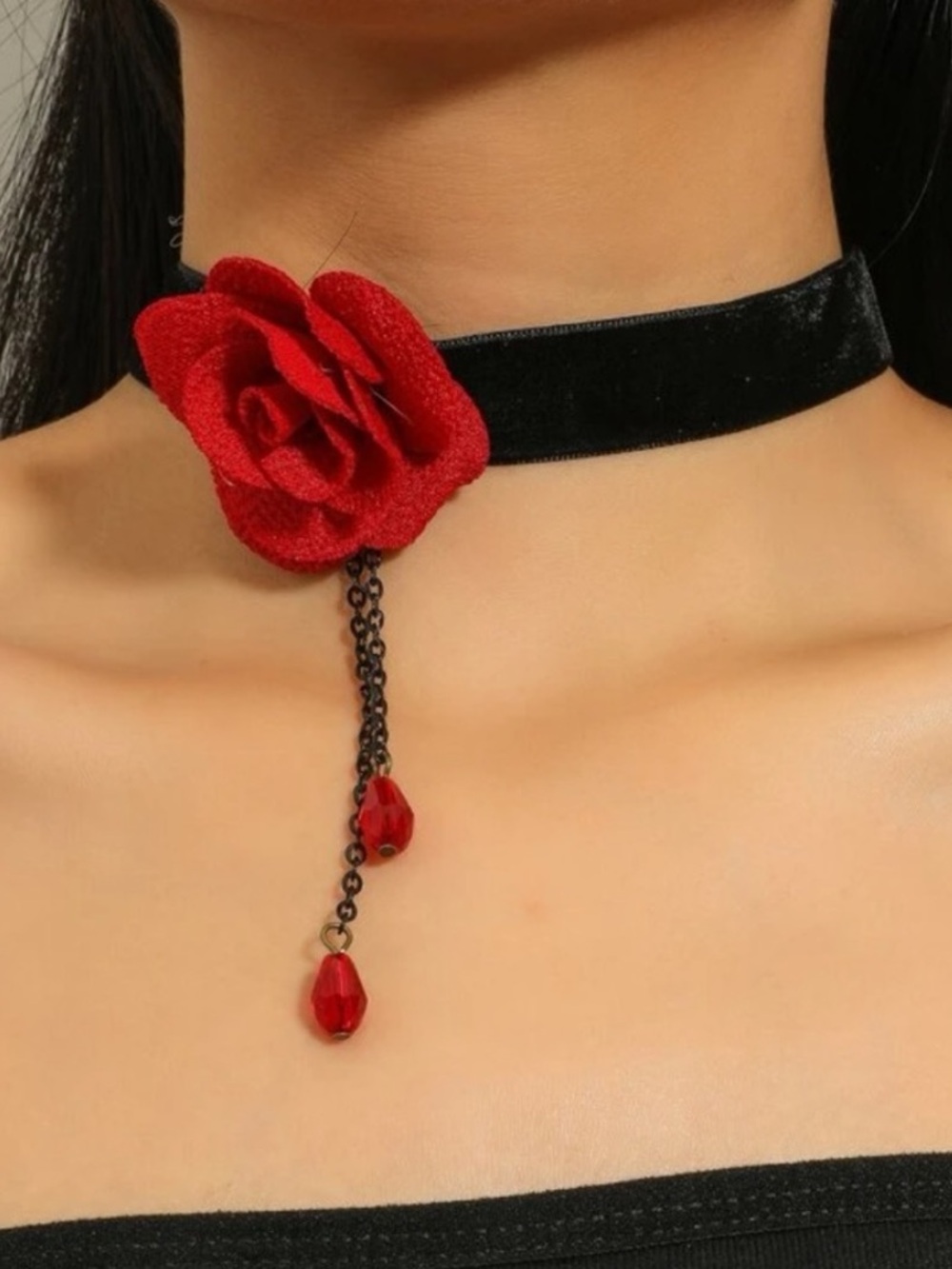 Velvet Black Choker with Red Rose Pendant